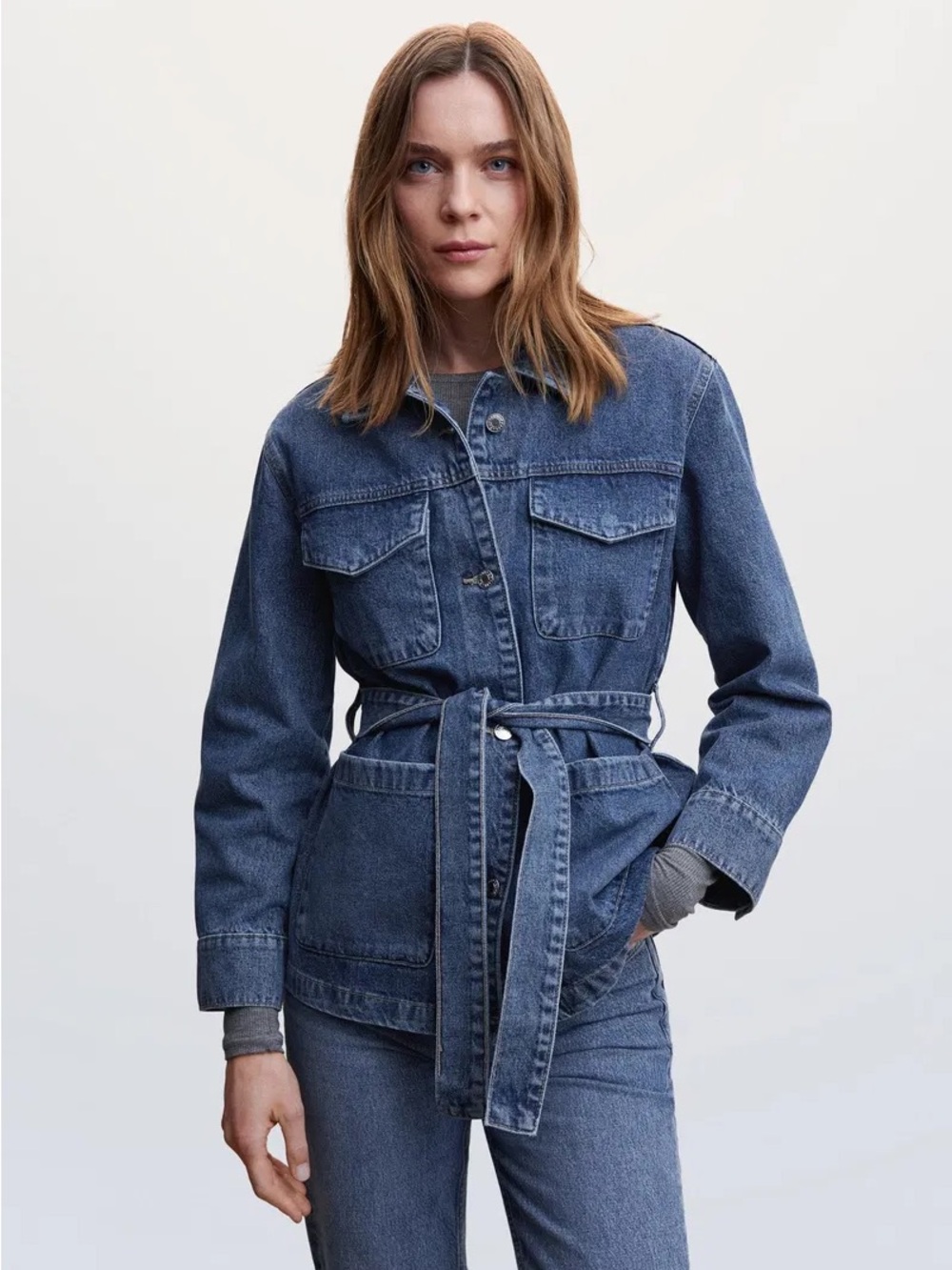 Mango Dark Blue Denim Belted Jacket
